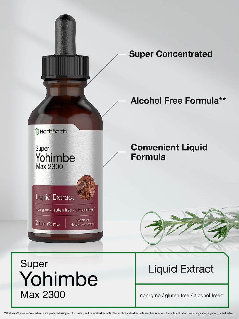 Horbäach Yohimbe Bark Liquid Extract label highlighting gluten-free formula