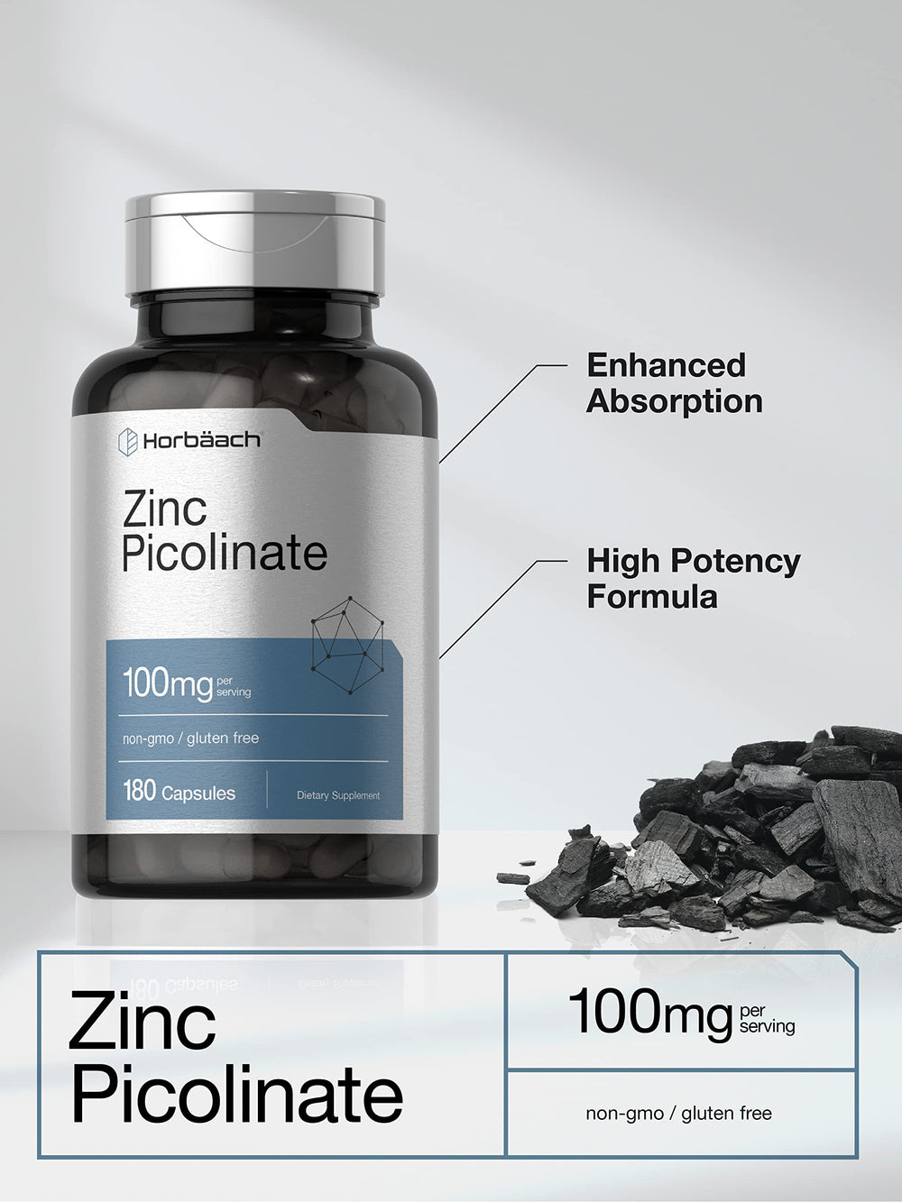 Horbäach Zinc Picolinate 100mg label shows non-GMO gluten-free