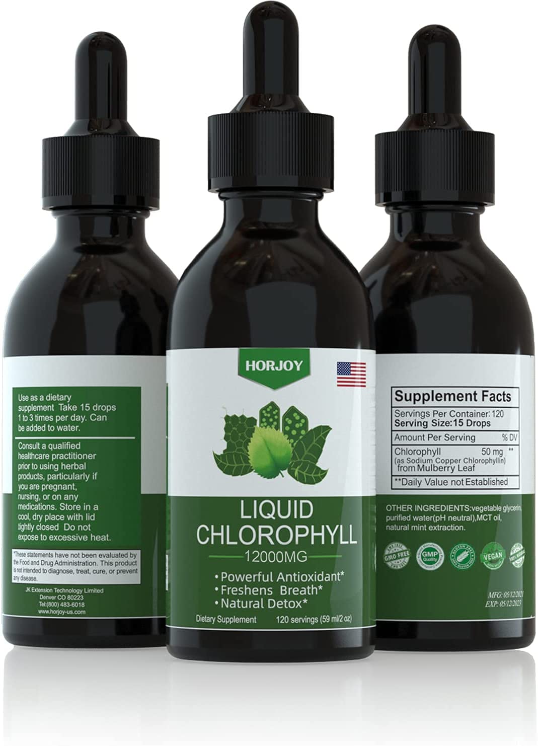 Horjoy Chlorophyll liquid drops pour action highlighting easy mix with water