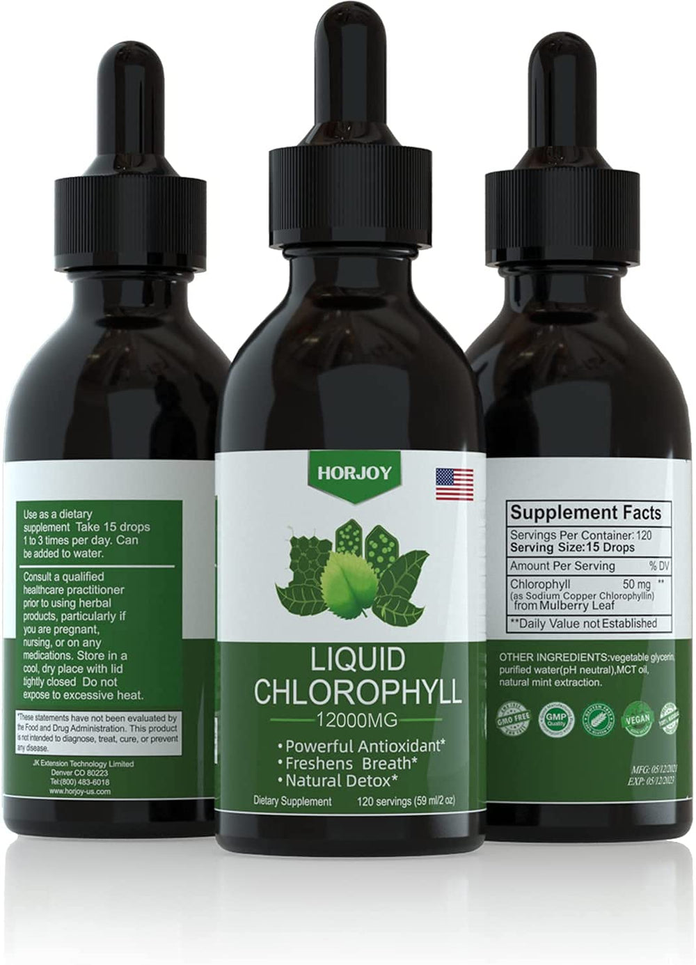 Horjoy Chlorophyll liquid drops pour action highlighting easy mix with water