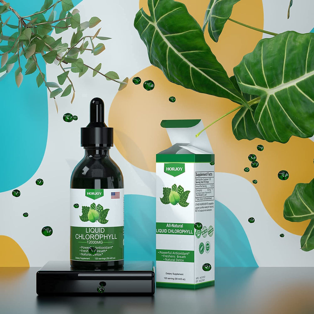 Horjoy Chlorophyll liquid drops usage directions showing shake and 15 drops per use