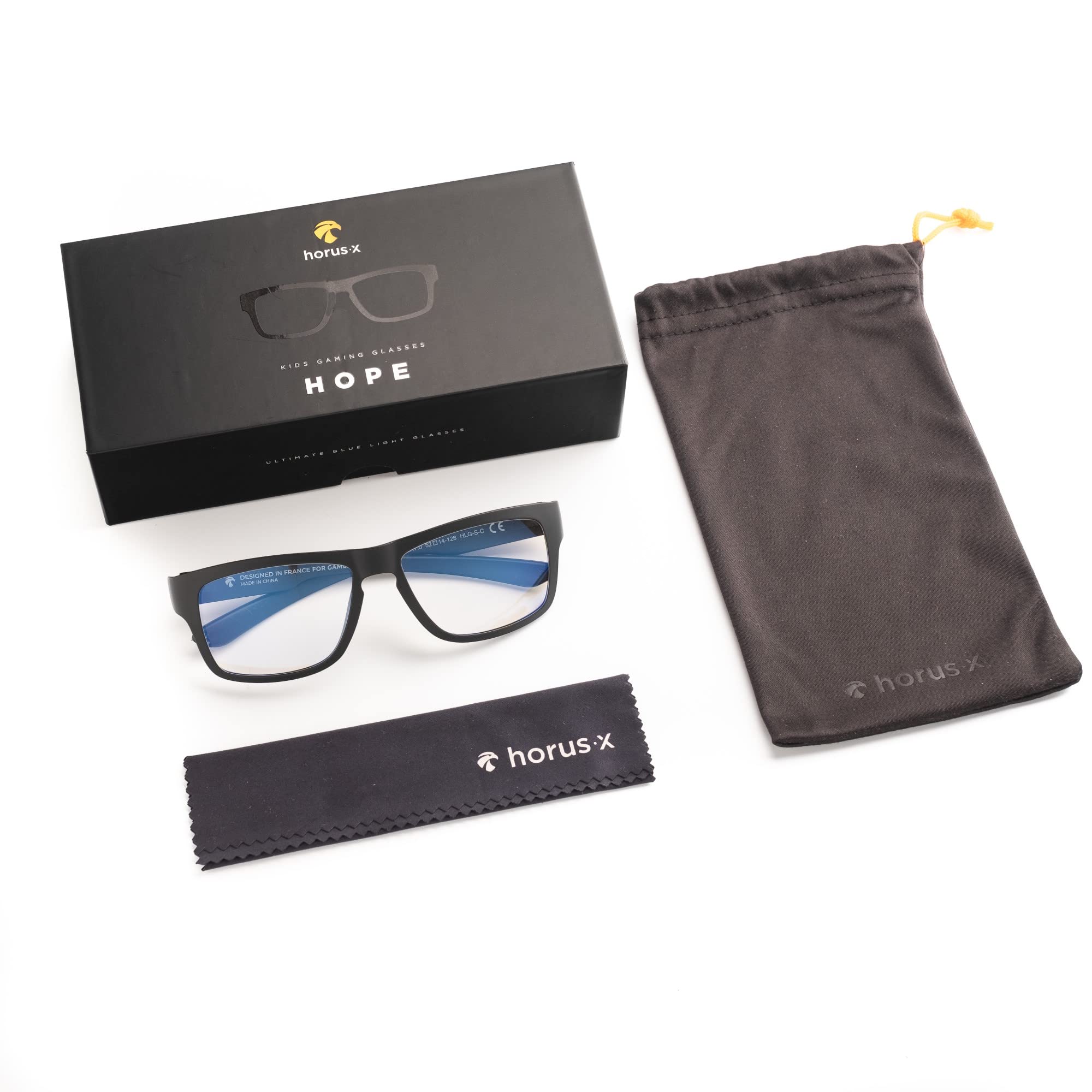 Horus X Kids blue light glasses packaging box includes microfibre cloth.