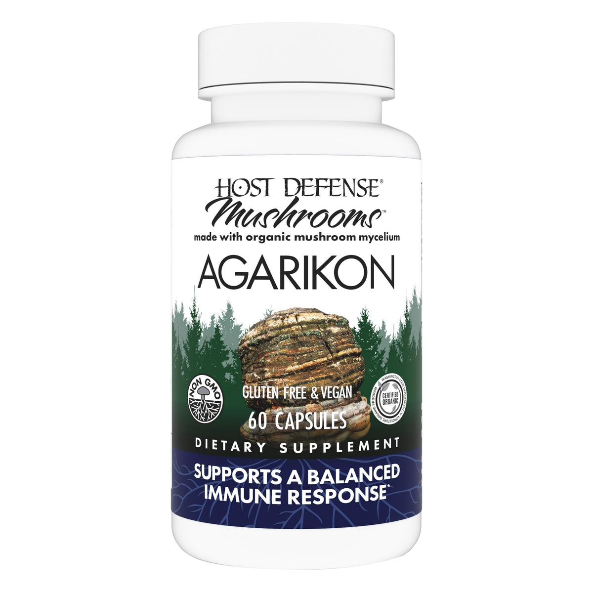 Host Defense Agarikon Capsules bottle front highlighting immune support.