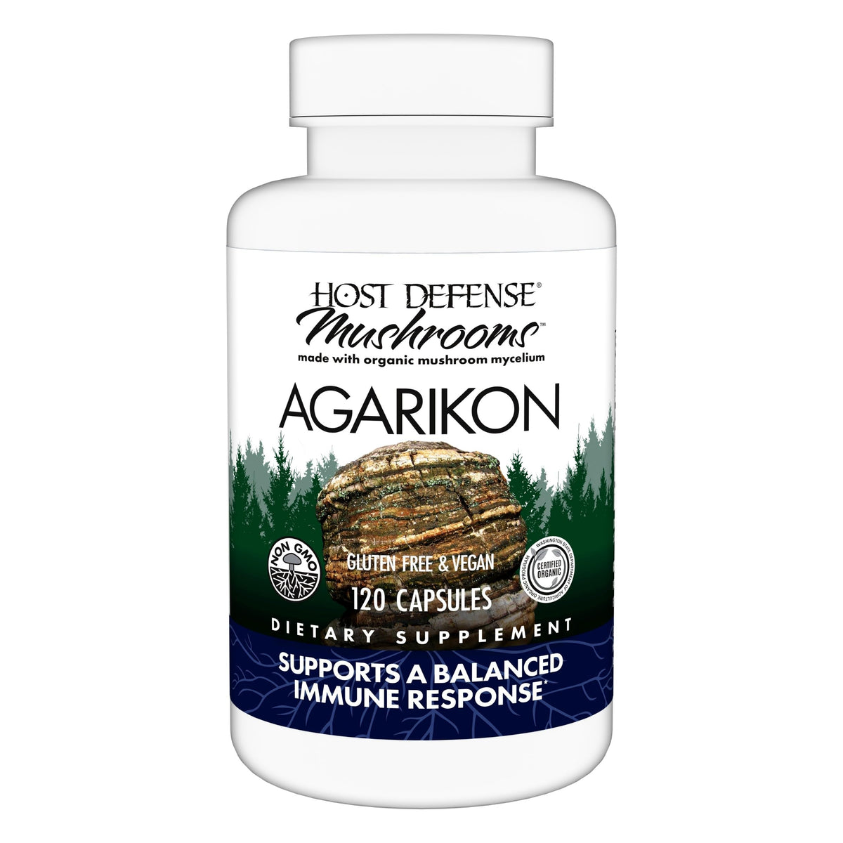 Host Defense Agarikon capsules bottle shows daily immune support in a convenient format.