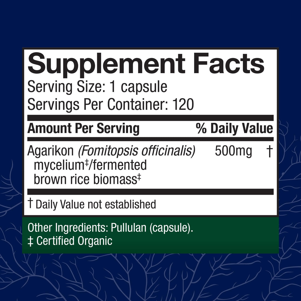 Host Defense Agarikon capsules close-up highlights easy, on-the-go daily dosing for immune balance.