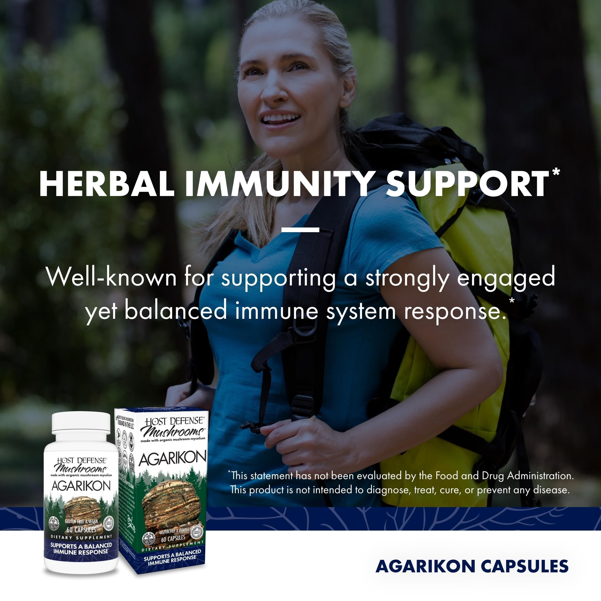 Host Defense Agarikon Capsules ingredient list highlighting Agarikon for immune regulation.