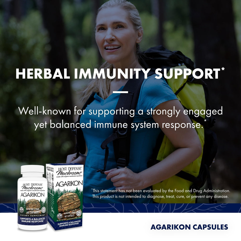 Host Defense Agarikon Capsules ingredient list highlighting Agarikon for immune regulation.