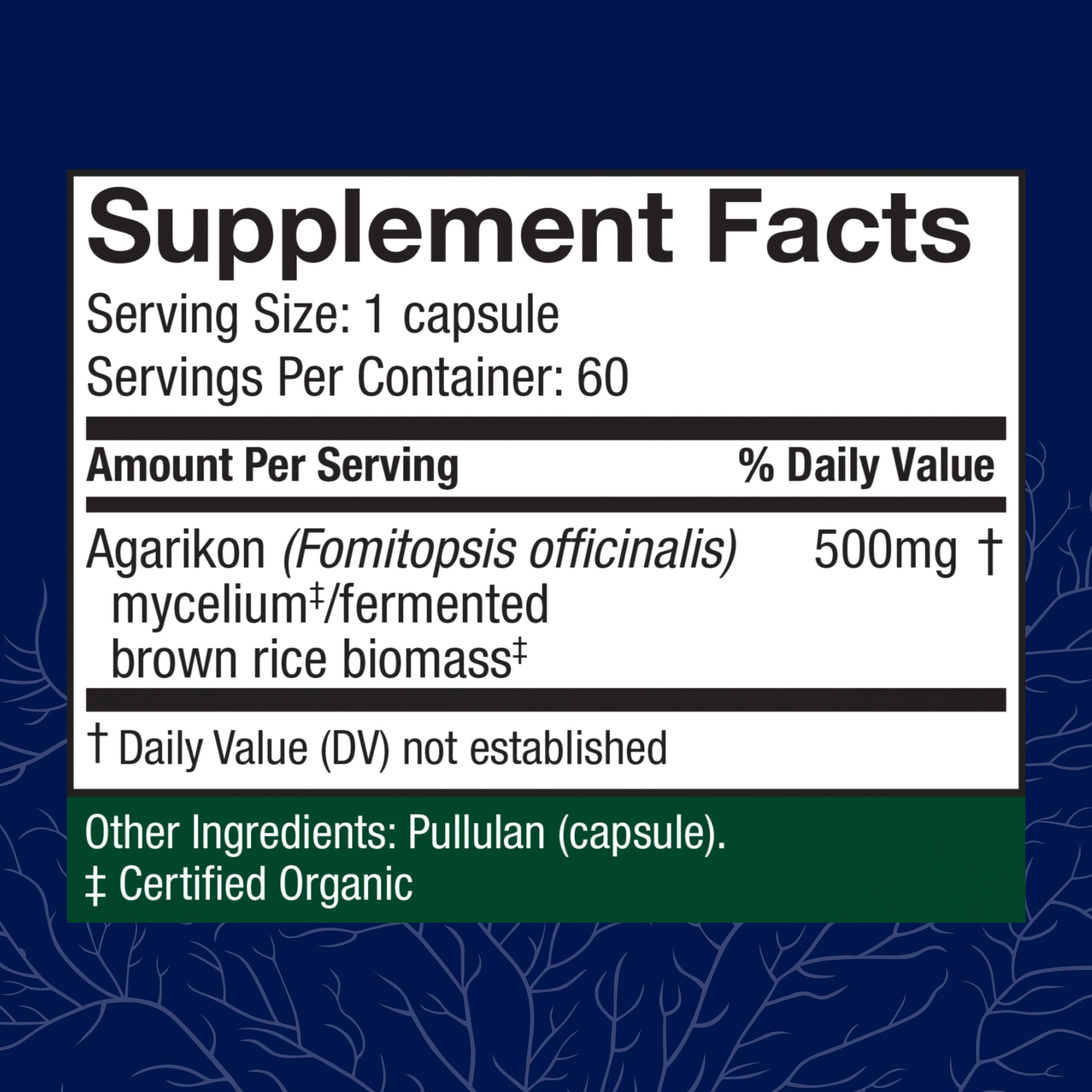Host Defense Agarikon Capsules label close-up showing organic ingredients for immune health.