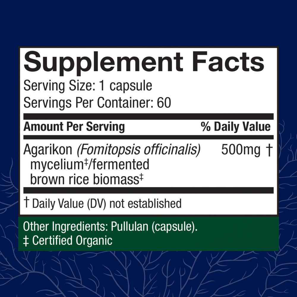 Host Defense Agarikon Capsules label close-up showing organic ingredients for immune health.