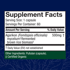 Host Defense Agarikon Capsules label close-up showing organic ingredients for immune health.