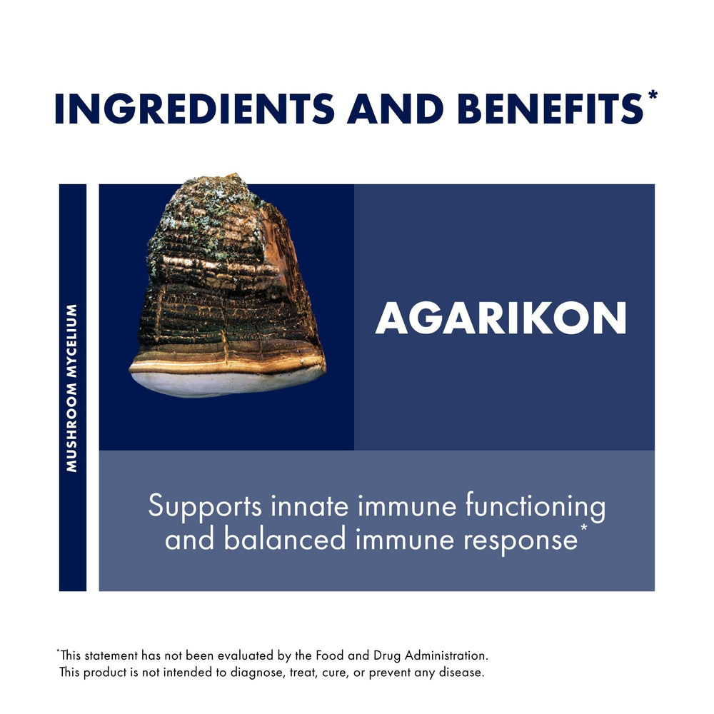 Host Defense Agarikon capsules serving daily-use imagery indicates a simple daily routine for consistent intake.