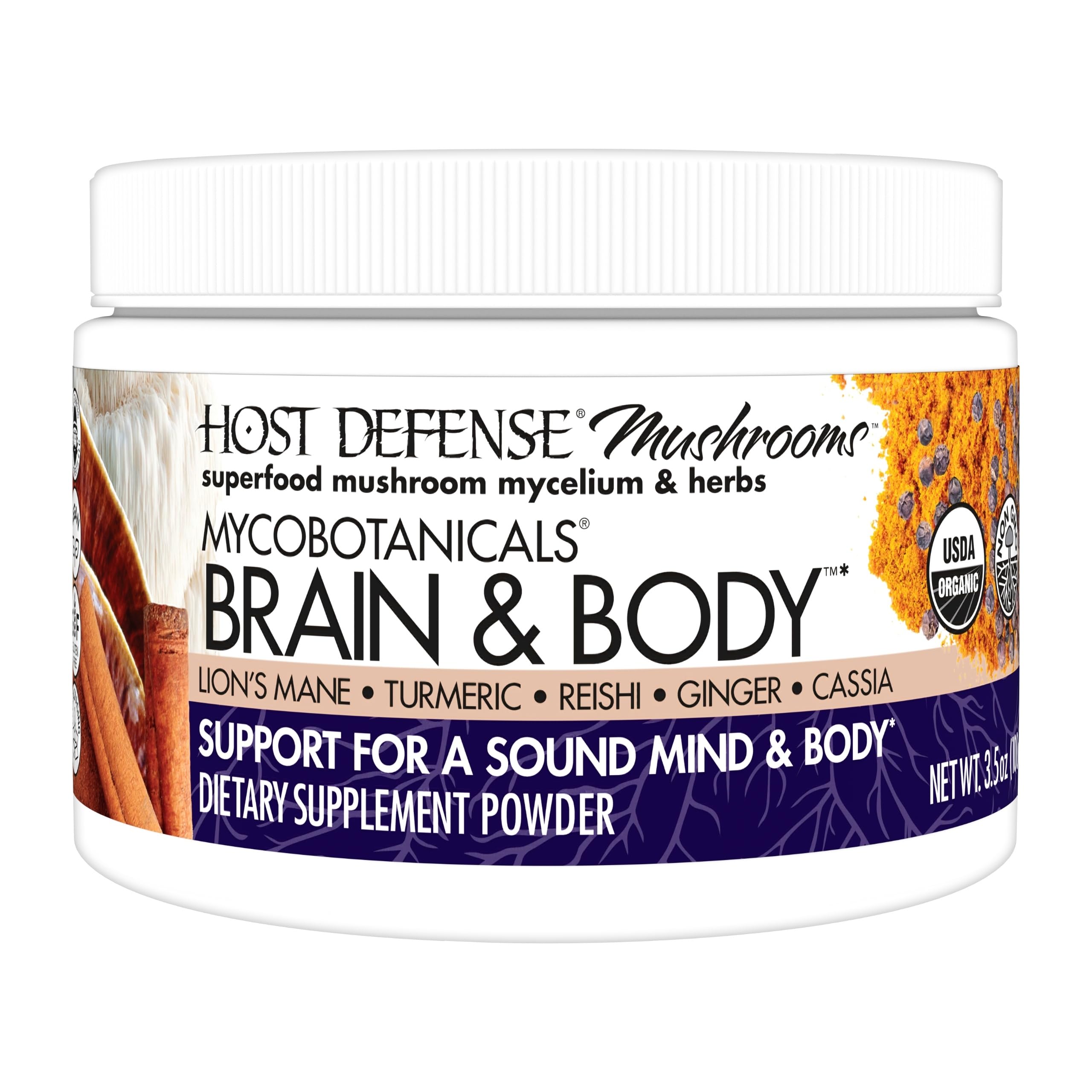 Host Defense Brain & Body Powder bottle for daily focus-support use.