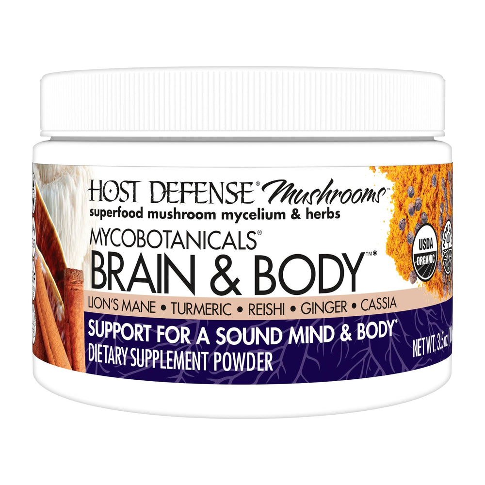 Host Defense Brain & Body Powder bottle for daily focus-support use.