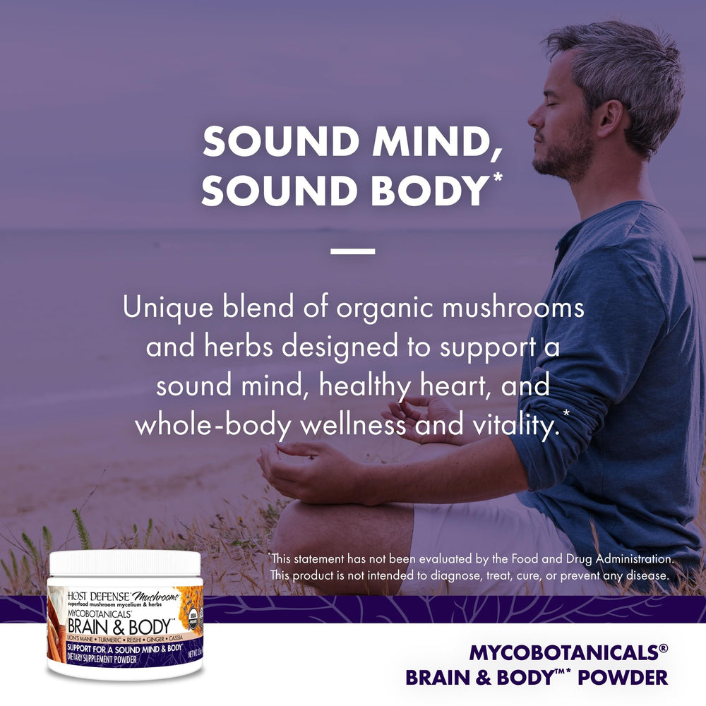 Host Defense Brain & Body Powder turmeric-ginger blend visual cue for digestive comfort.