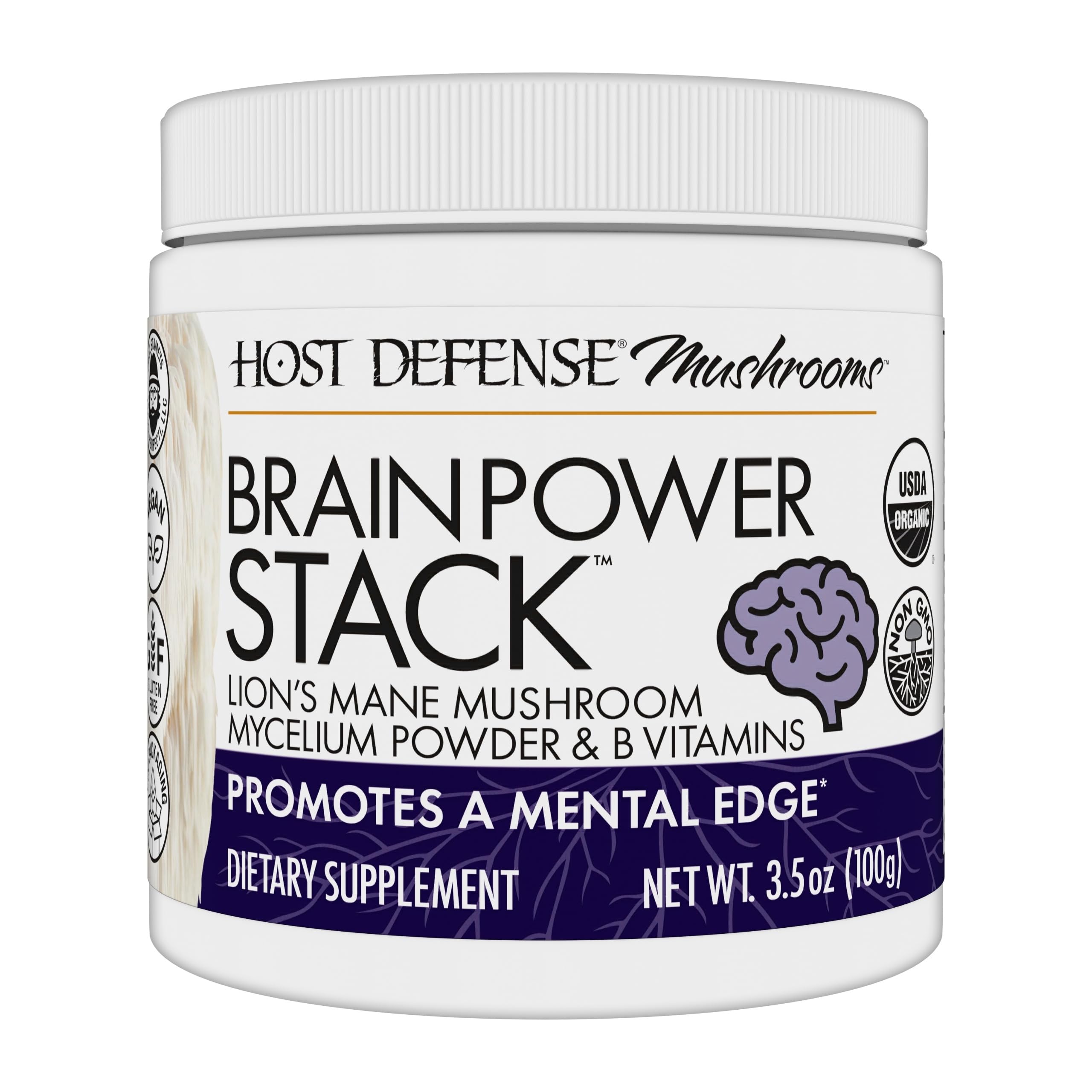 Host Defense BrainPower Stack front label highlights Lion's Mane and B vitamins for focus support.