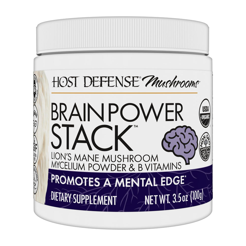 Host Defense BrainPower Stack front label highlights Lion's Mane and B vitamins for focus support.