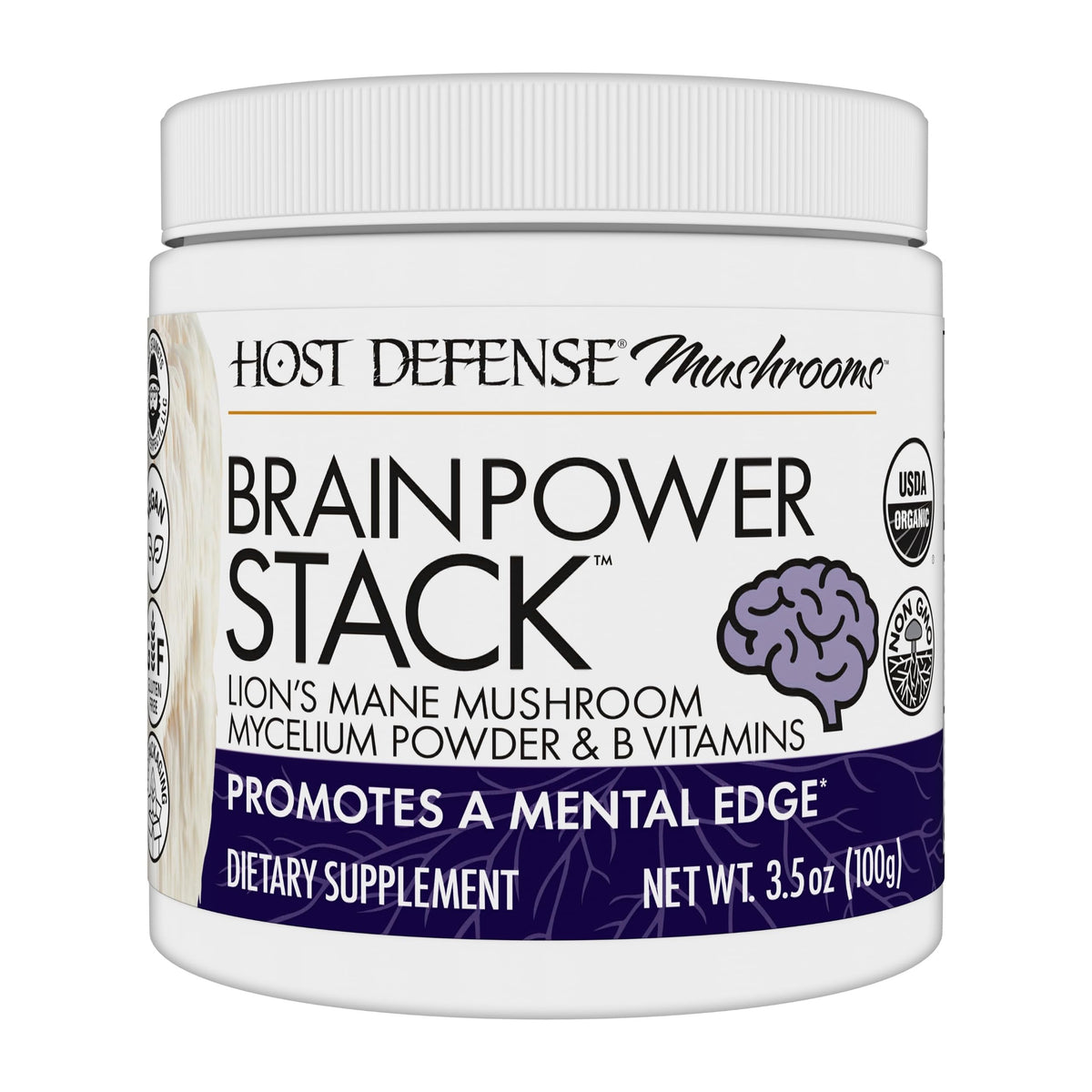Host Defense BrainPower Stack front label highlights Lion's Mane and B vitamins for focus support.