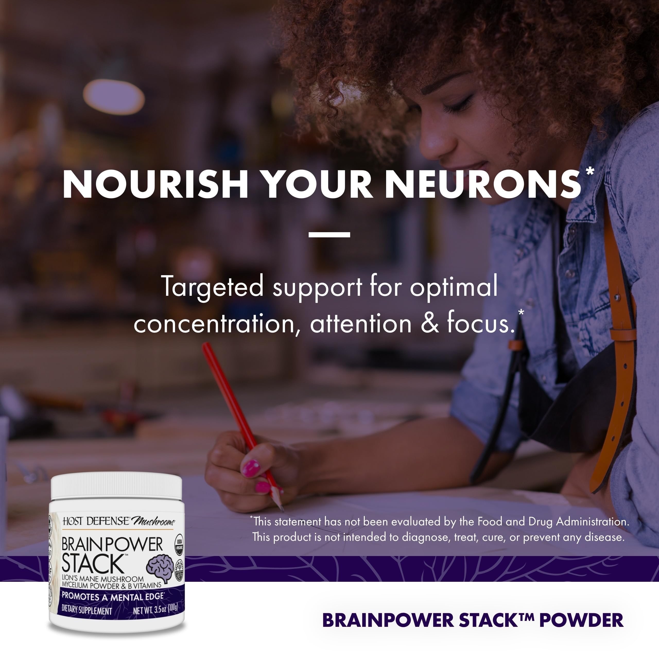 Host Defense BrainPower Stack mushroom mycelium on organic substrate detail.