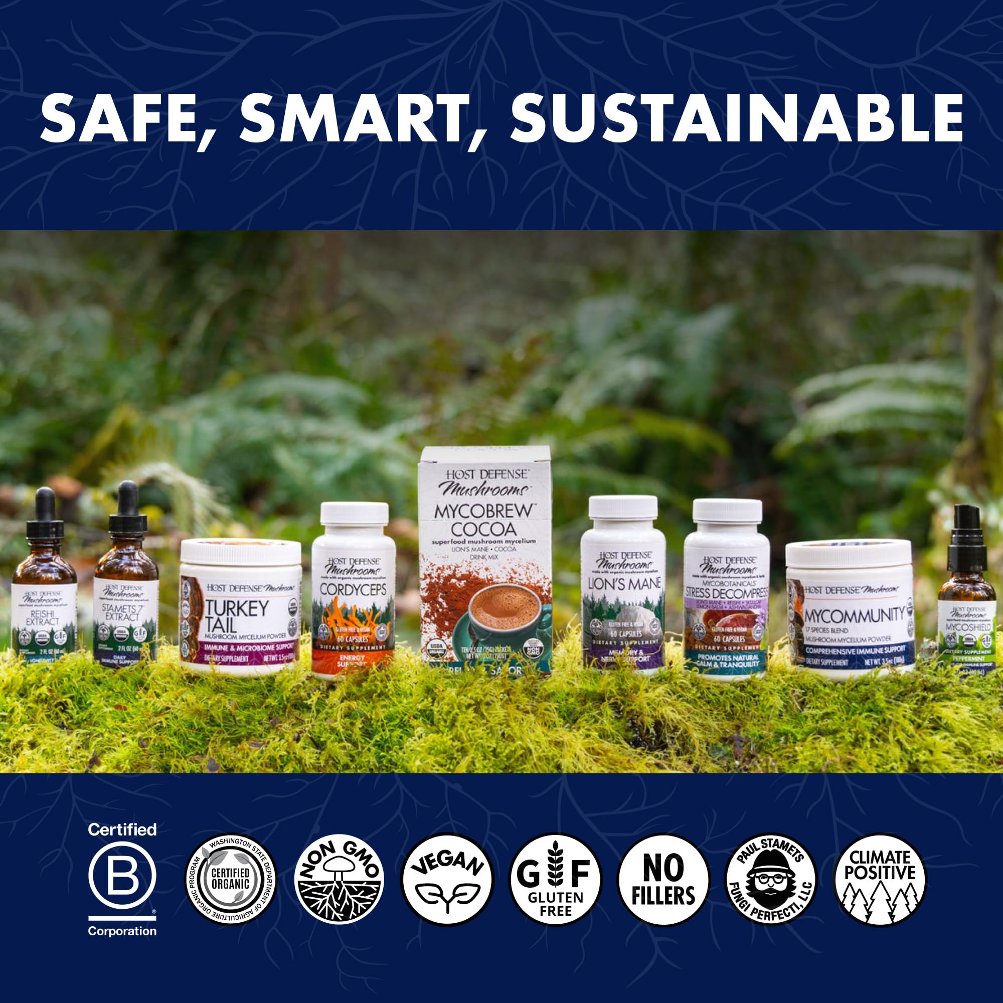 Host Defense BrainPower Stack packaging emphasizes USA-grown organic ingredients.