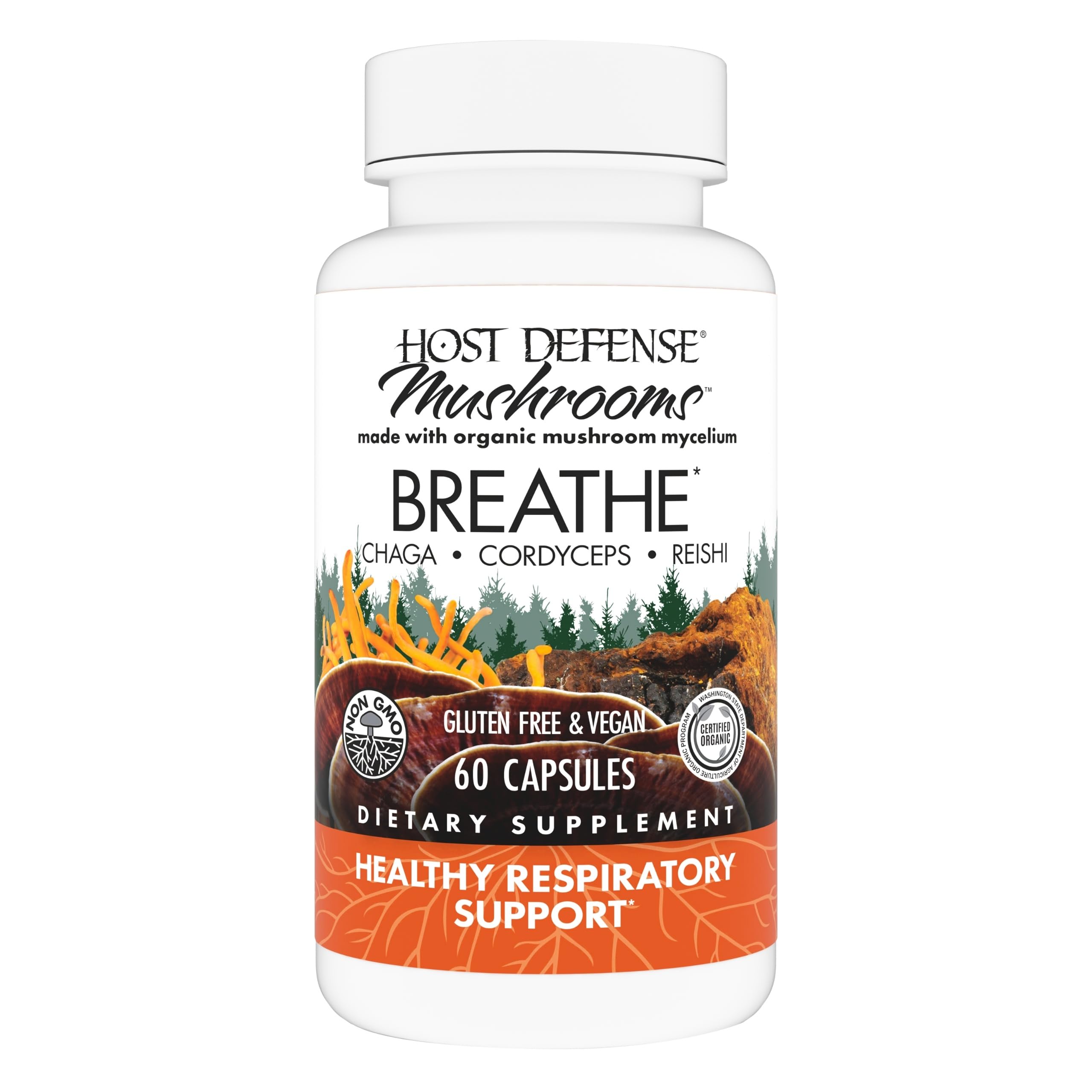 Host Defense Breathe bottle on white background for daily respiratory support.