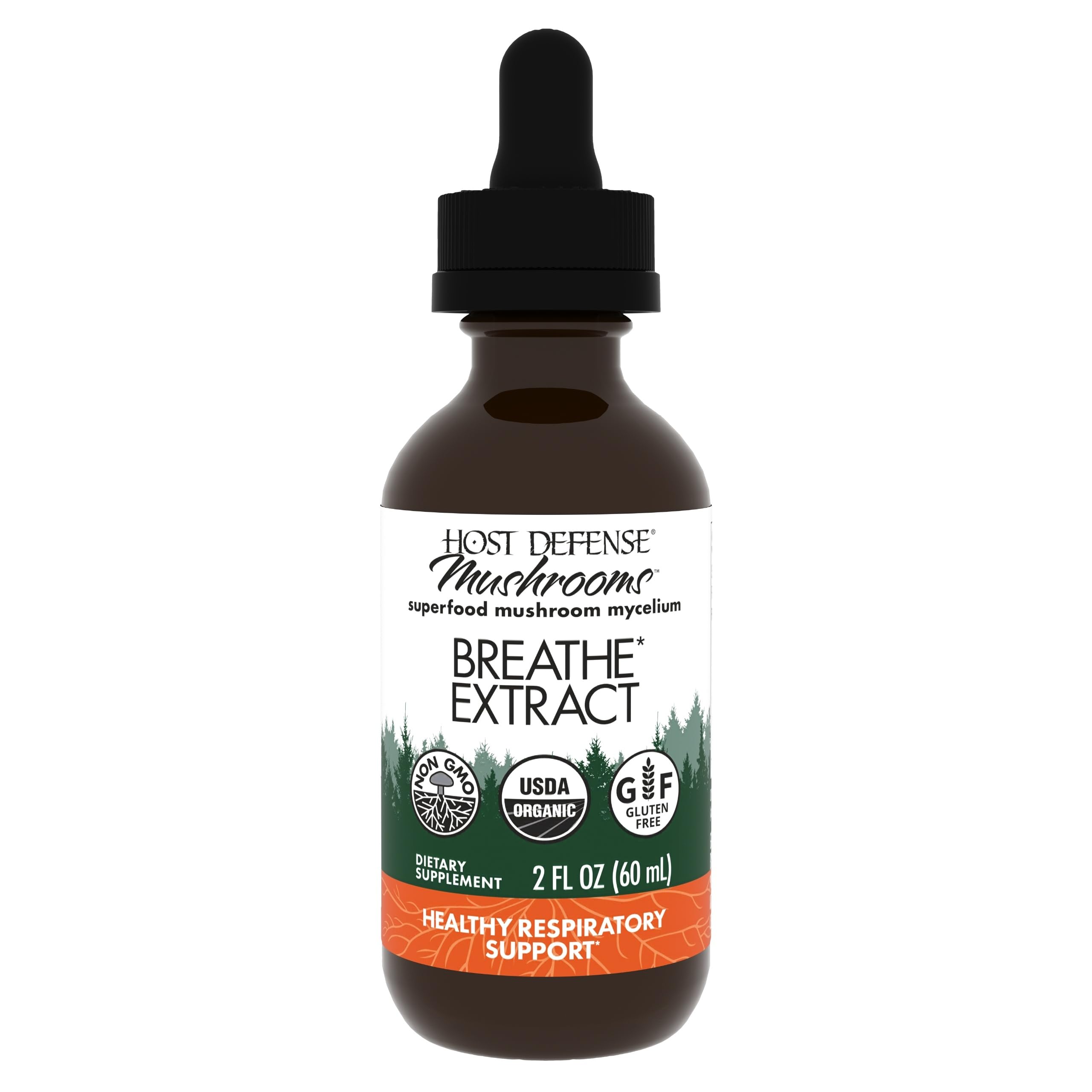 Host Defense Breathe Extract bottle label showing mushroom blend for daily immune and respiratory support.