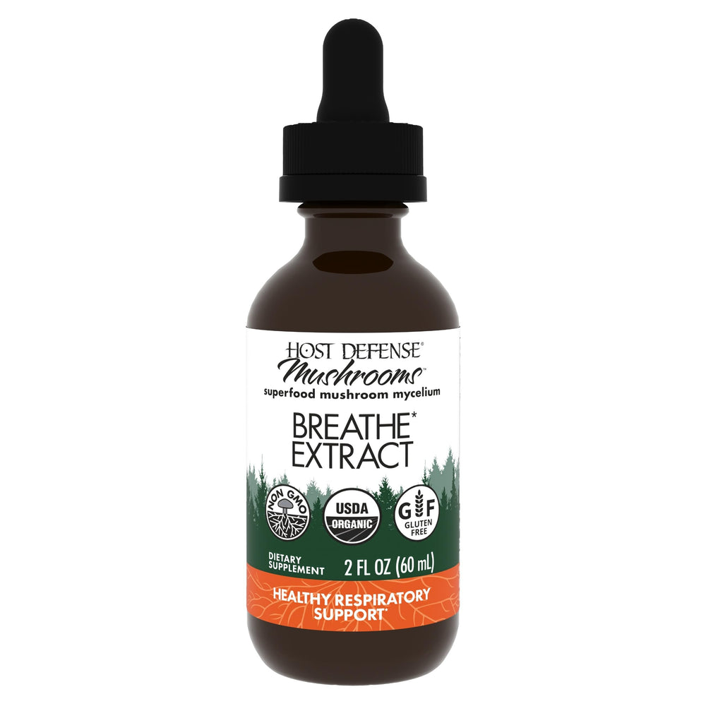Host Defense Breathe Extract bottle label showing mushroom blend for daily immune and respiratory support.
