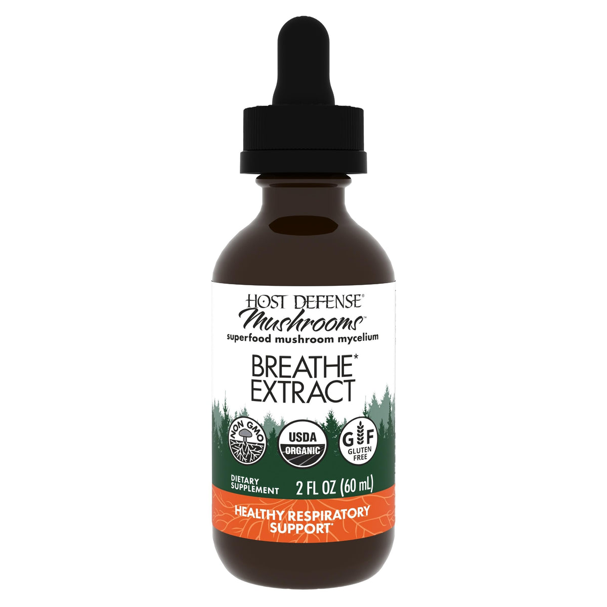 Host Defense Breathe Extract bottle label showing mushroom blend for daily immune and respiratory support.