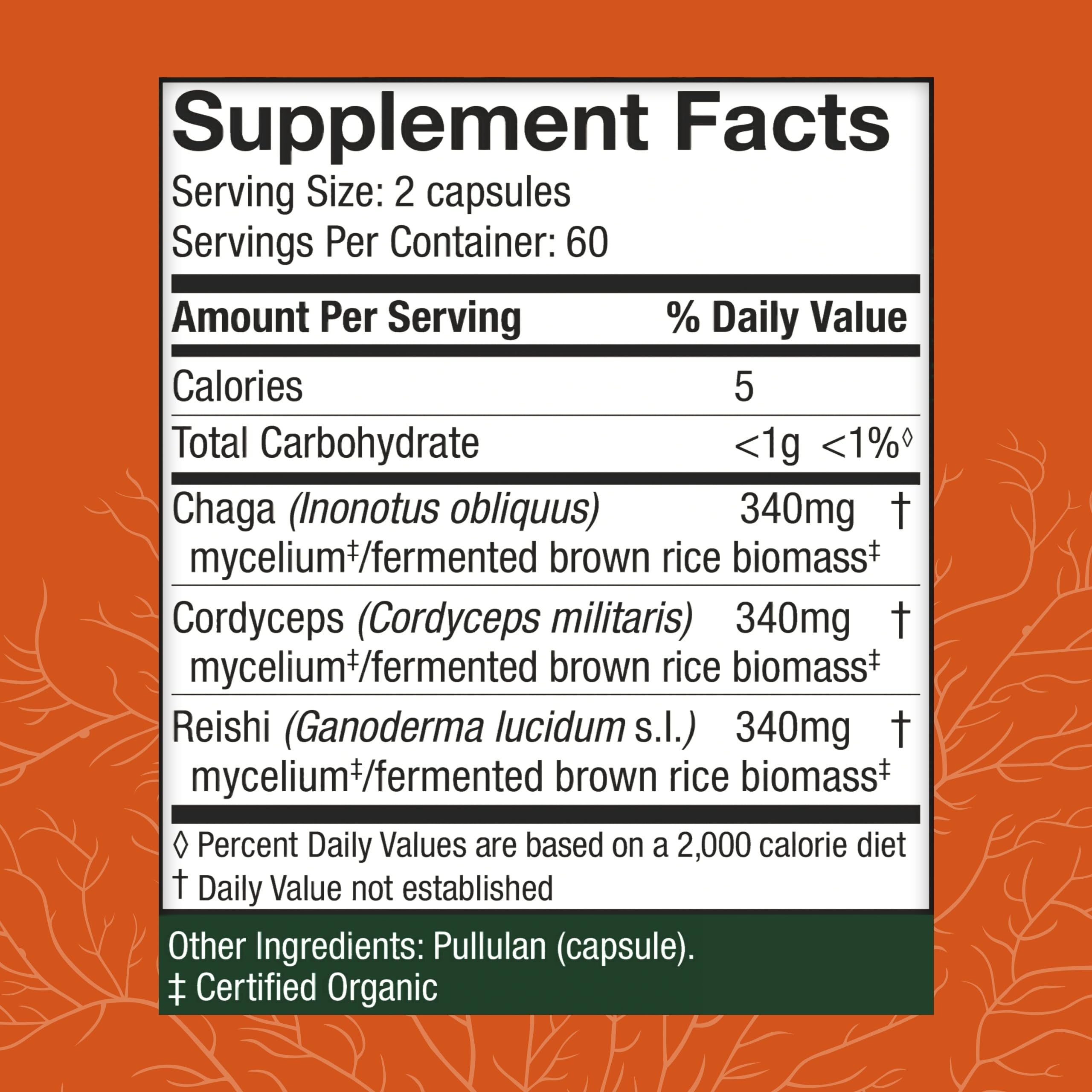 Host Defense Breathe ingredients with Cordyceps, Chaga, and Reishi for balanced lung support.