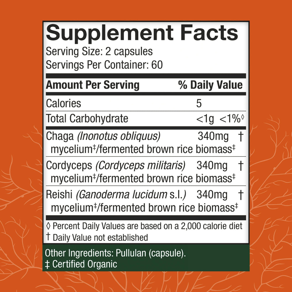 Host Defense Breathe ingredients with Cordyceps, Chaga, and Reishi for balanced lung support.