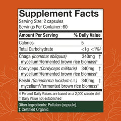 Host Defense Breathe ingredients with Cordyceps, Chaga, and Reishi for balanced lung support.