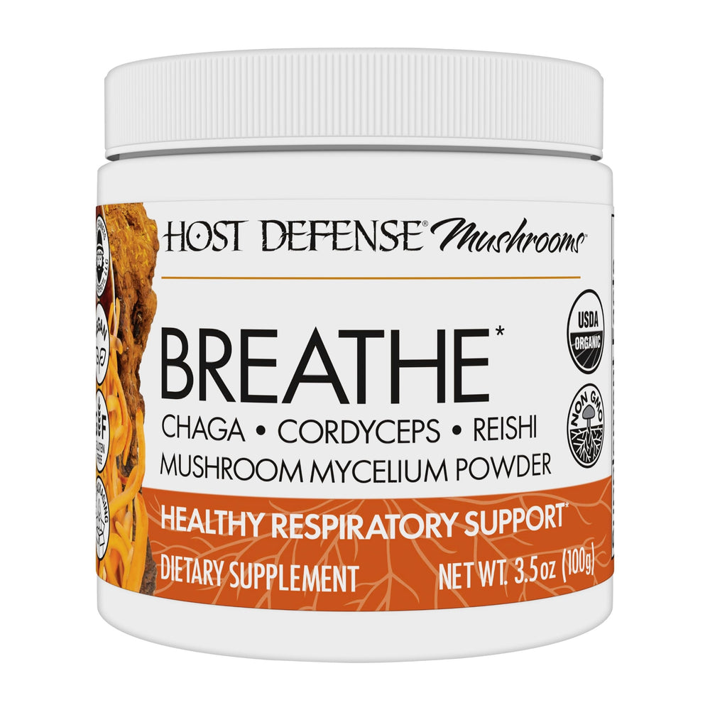 Host Defense Breathe powder bottle front view supports daily immune and respiratory wellness.