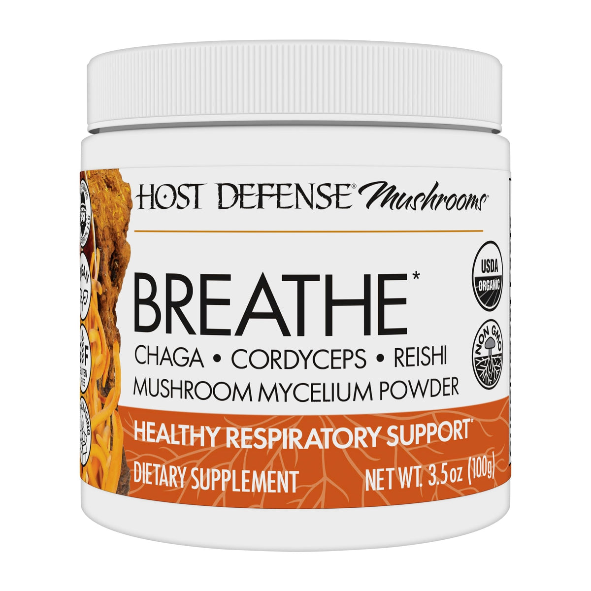 Host Defense Breathe powder bottle front view supports daily immune and respiratory wellness.