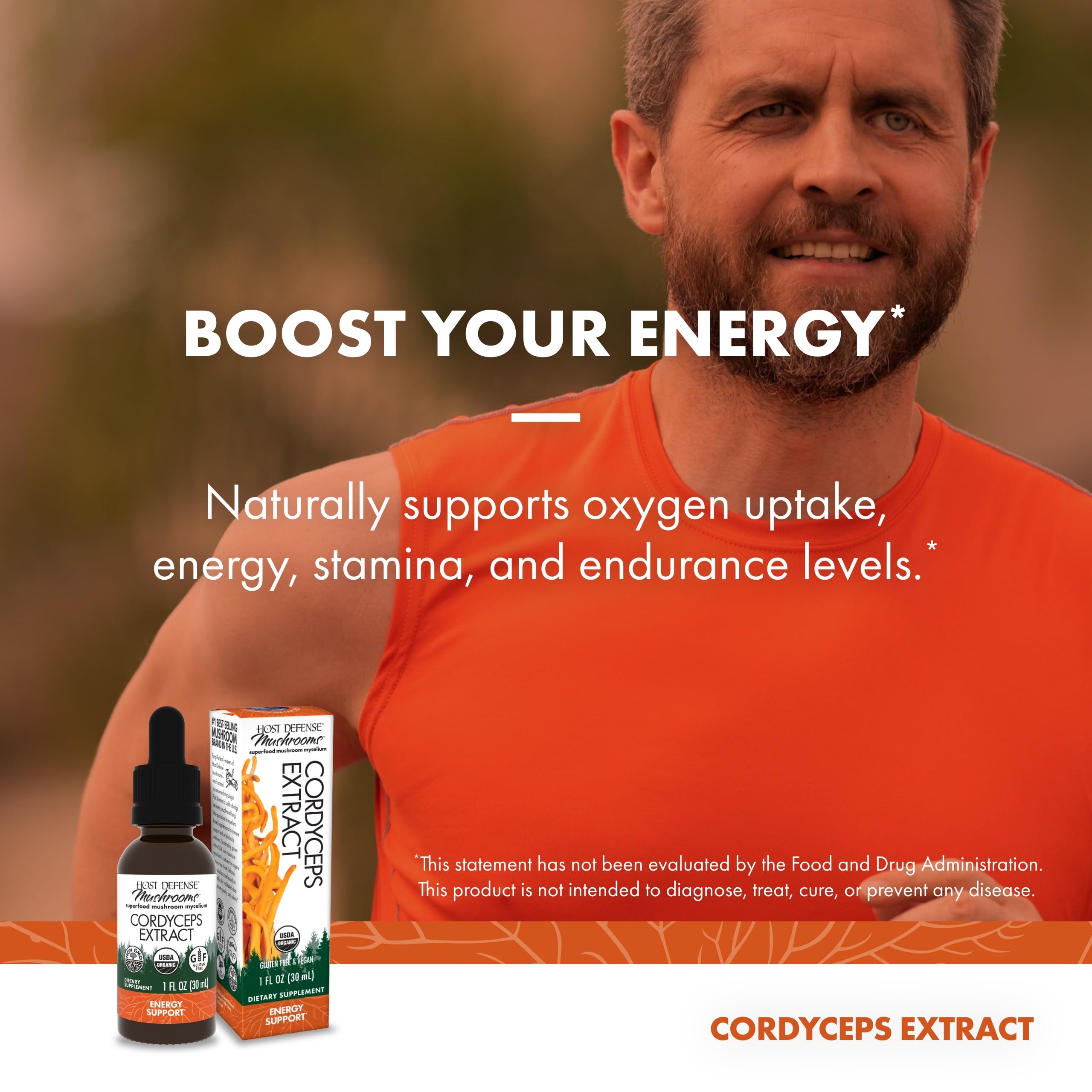 Cordyceps extract bottle with label and capsules showing antioxidants and lung support.