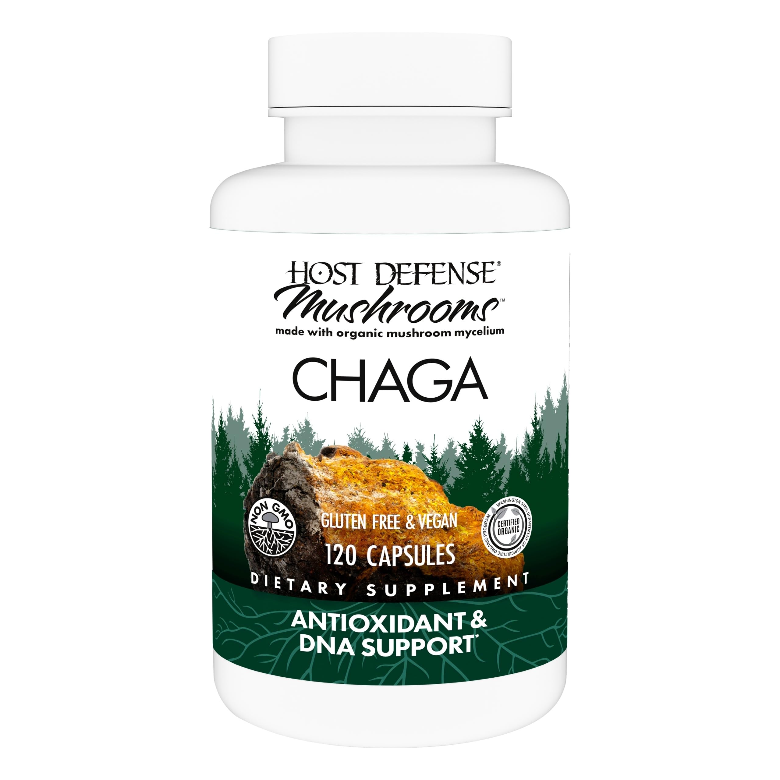 Host Defense Chaga capsules bottle on shelf showing immune support and antioxidant activity.