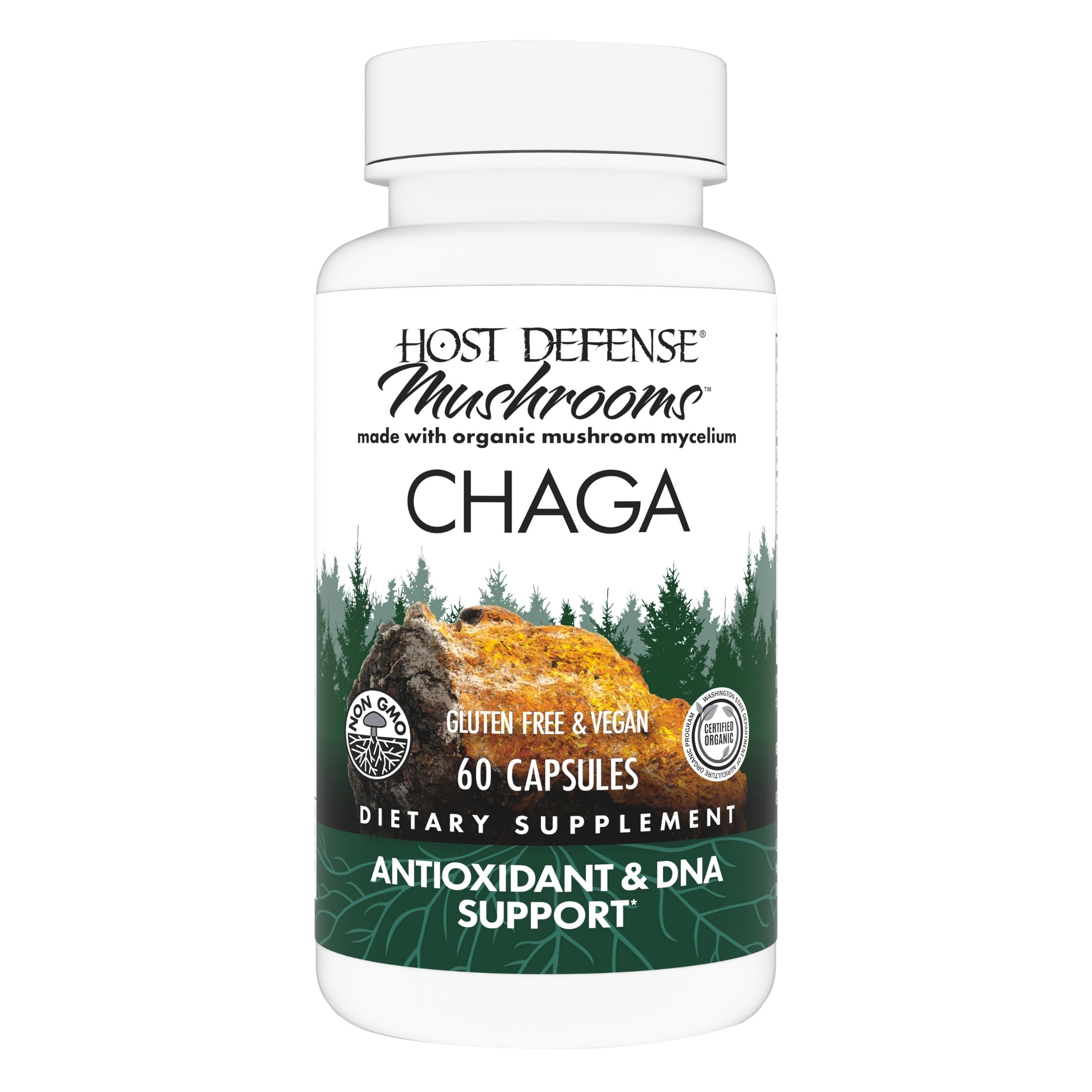 Host Defense Chaga capsules bottle; supports antioxidant activity and immune balance.