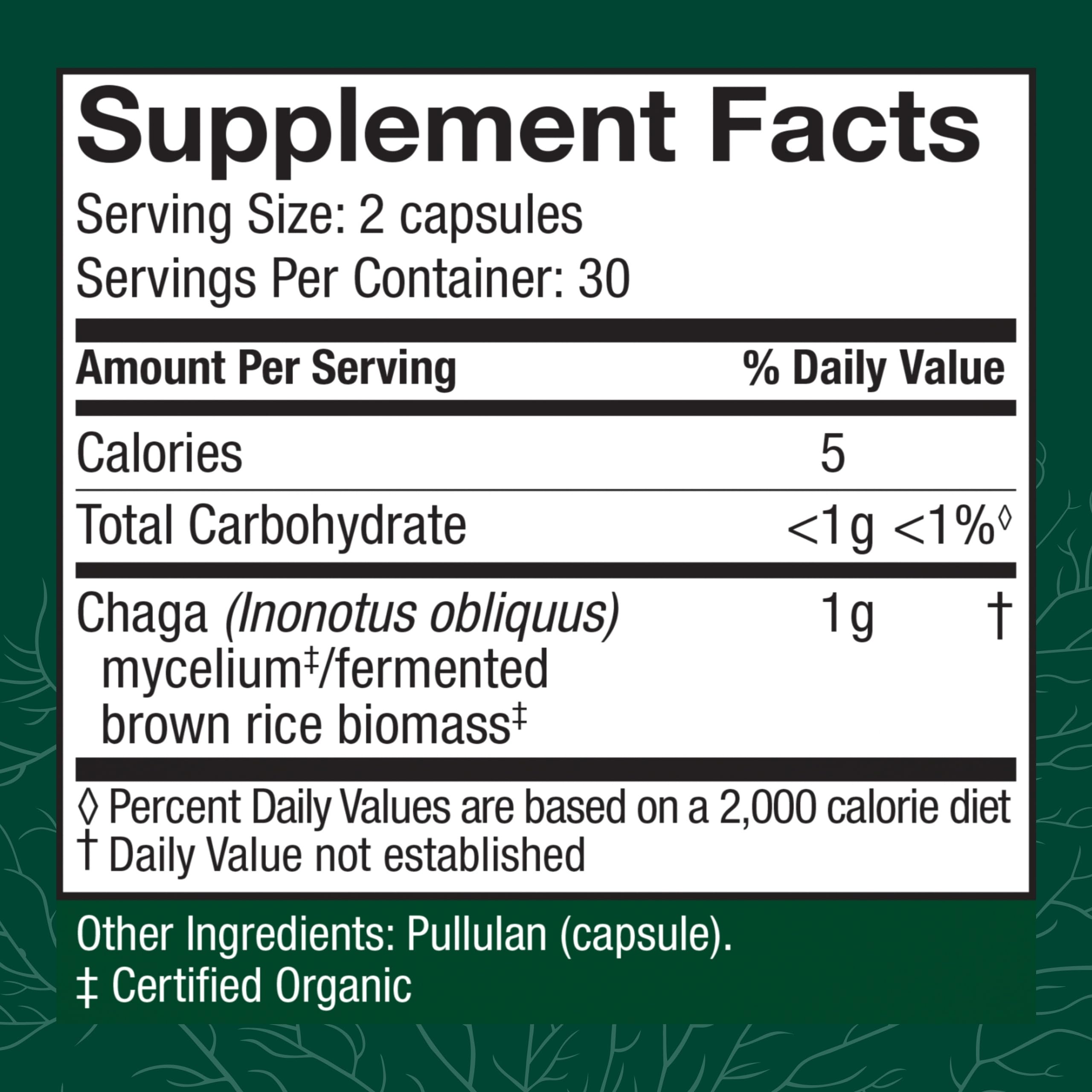 Close-up of Host Defense Chaga label; highlights organic, non-GMO ingredients.