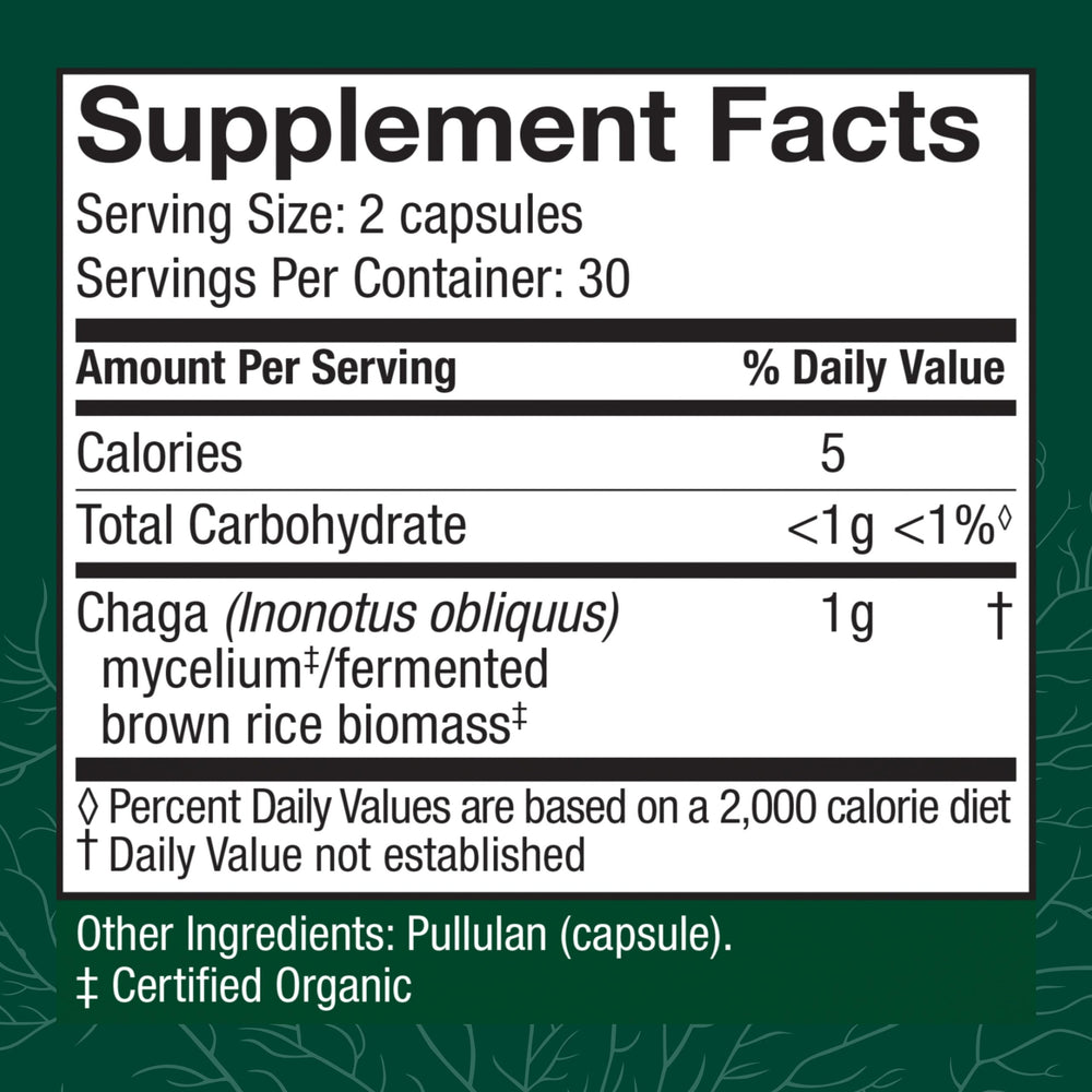 Close-up of Host Defense Chaga label; highlights organic, non-GMO ingredients.