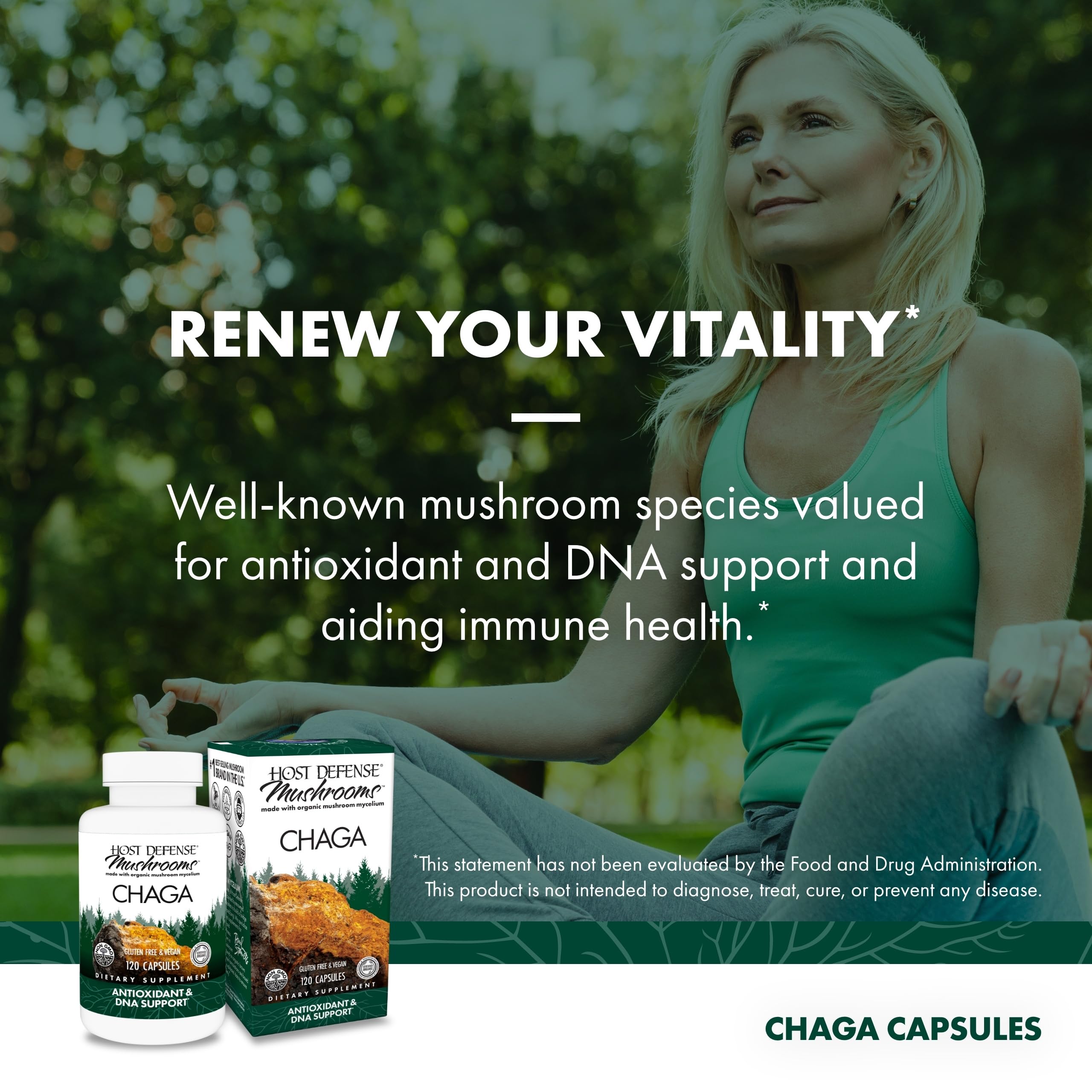 Person taking Host Defense Chaga capsules daily as part of routine.