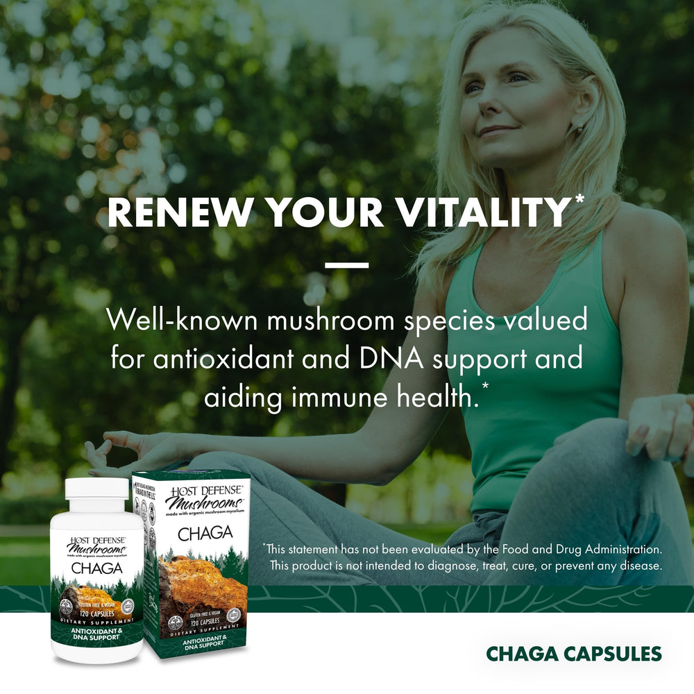 Person taking Host Defense Chaga capsules daily as part of routine.