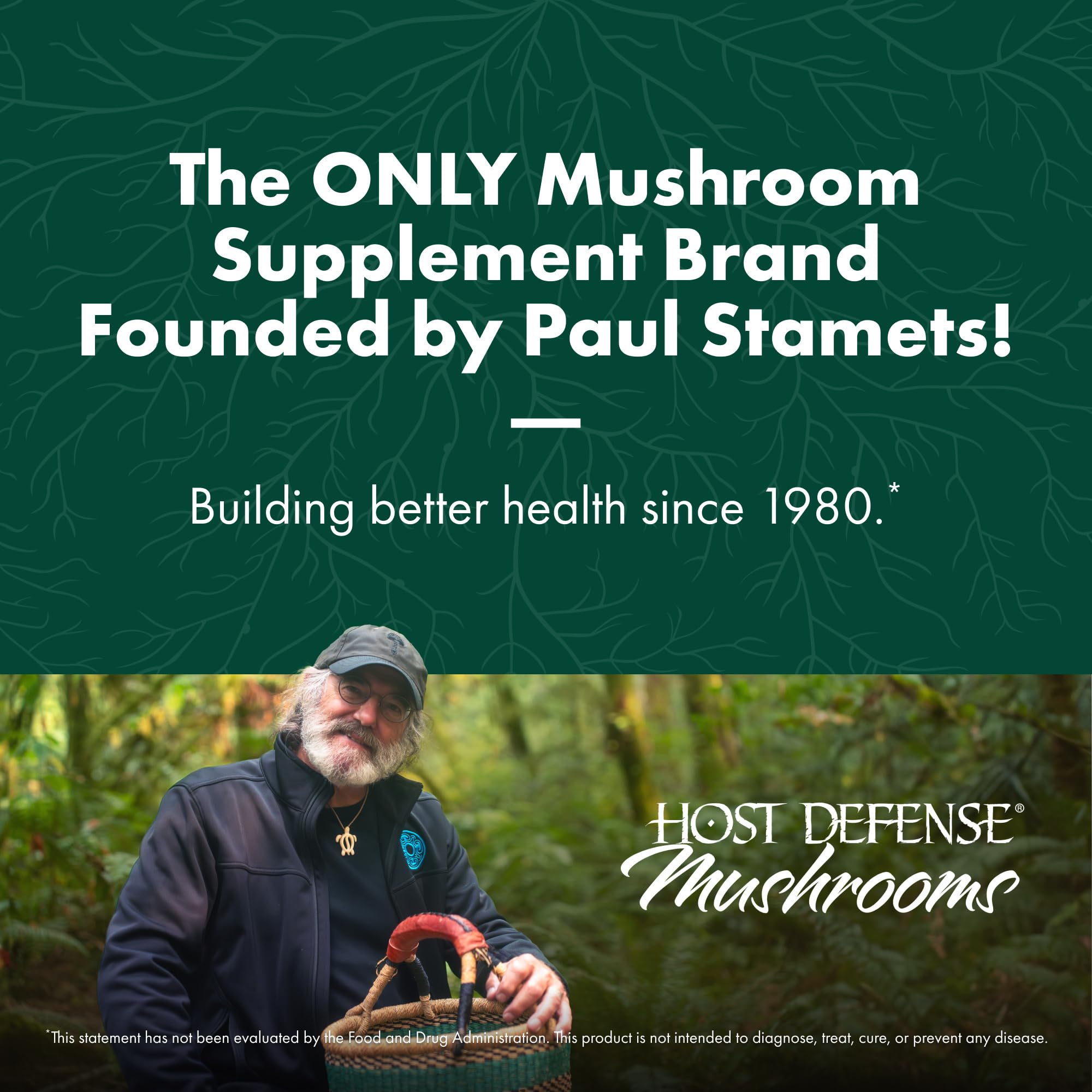 Host Defense Chaga capsules with infographic highlighting benefits and dosage.