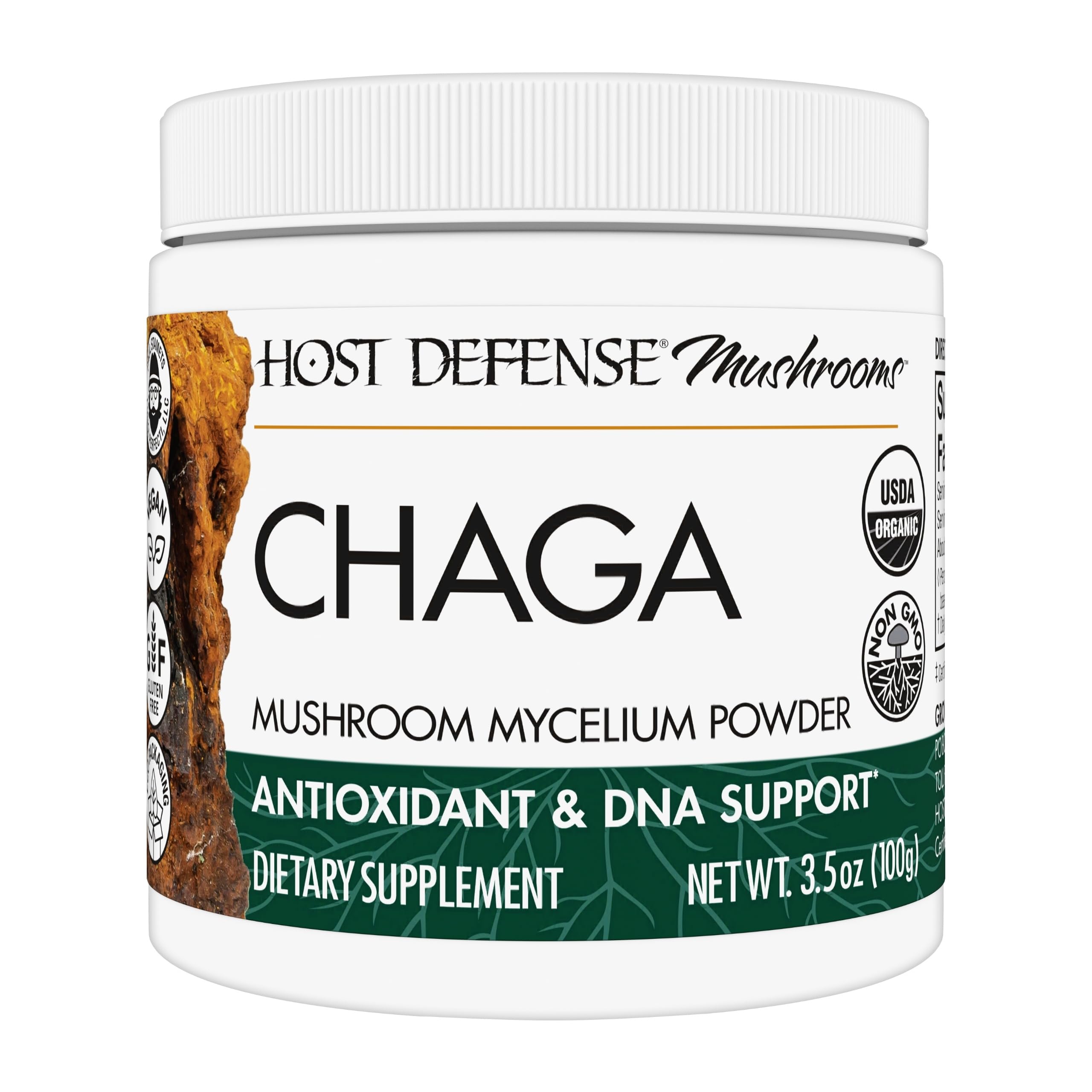 Host Defense Chaga Powder bottle front showing label for immune support and antioxidant potential.
