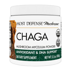 Host Defense Chaga Powder bottle front showing label for immune support and antioxidant potential.