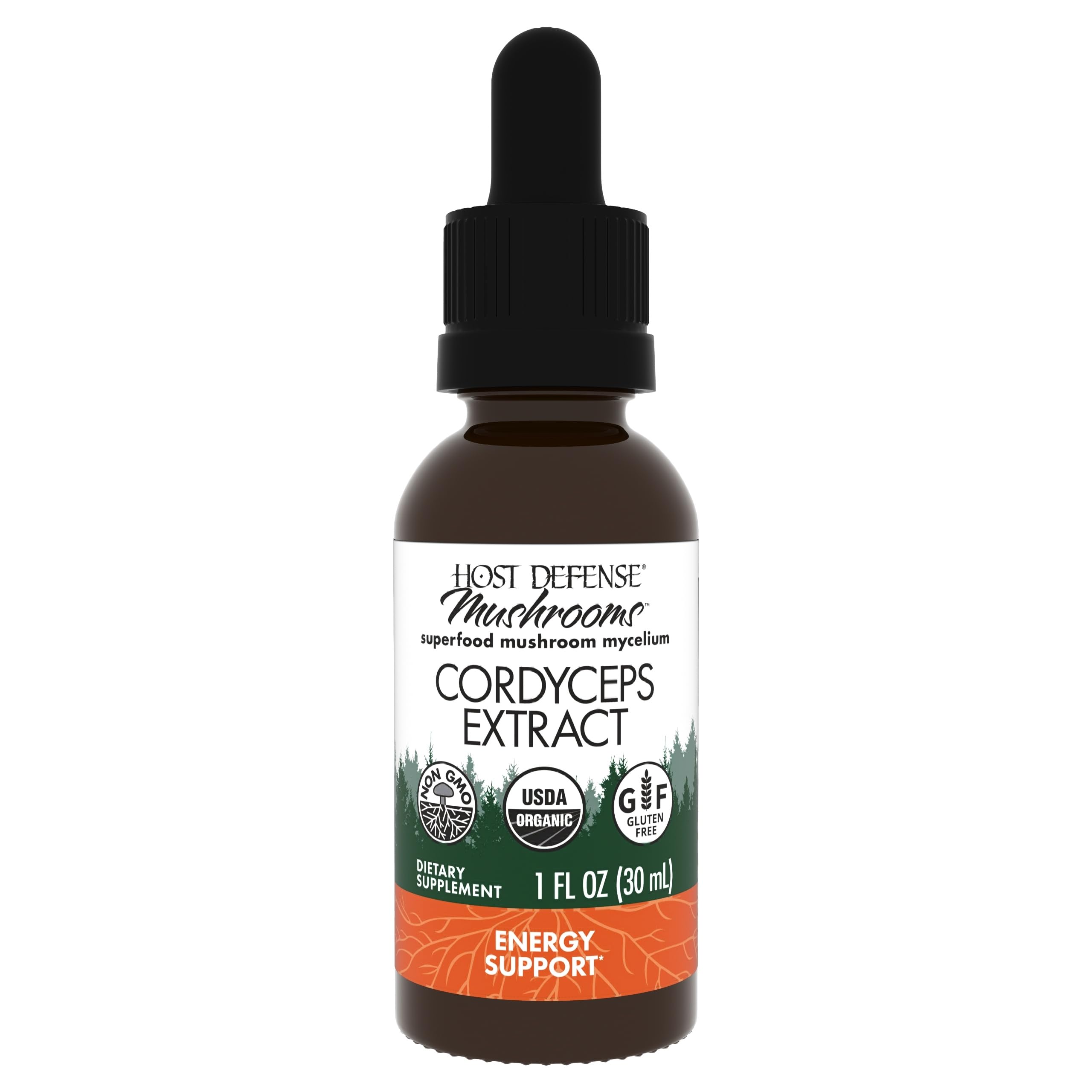 Host Defense Cordyceps Extract bottle front view highlighting immune and energy support.