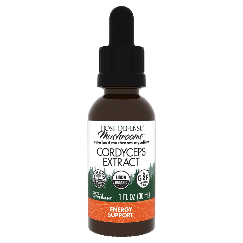Host Defense Cordyceps Extract bottle front view highlighting immune and energy support.