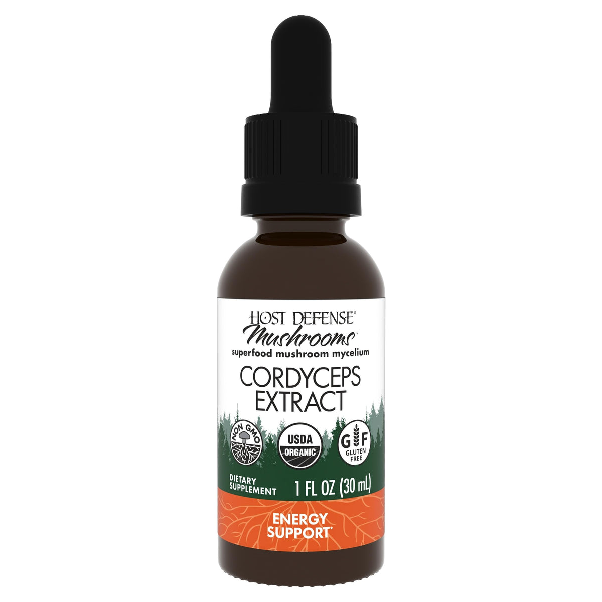 Host Defense Cordyceps Extract bottle front view highlighting immune and energy support.