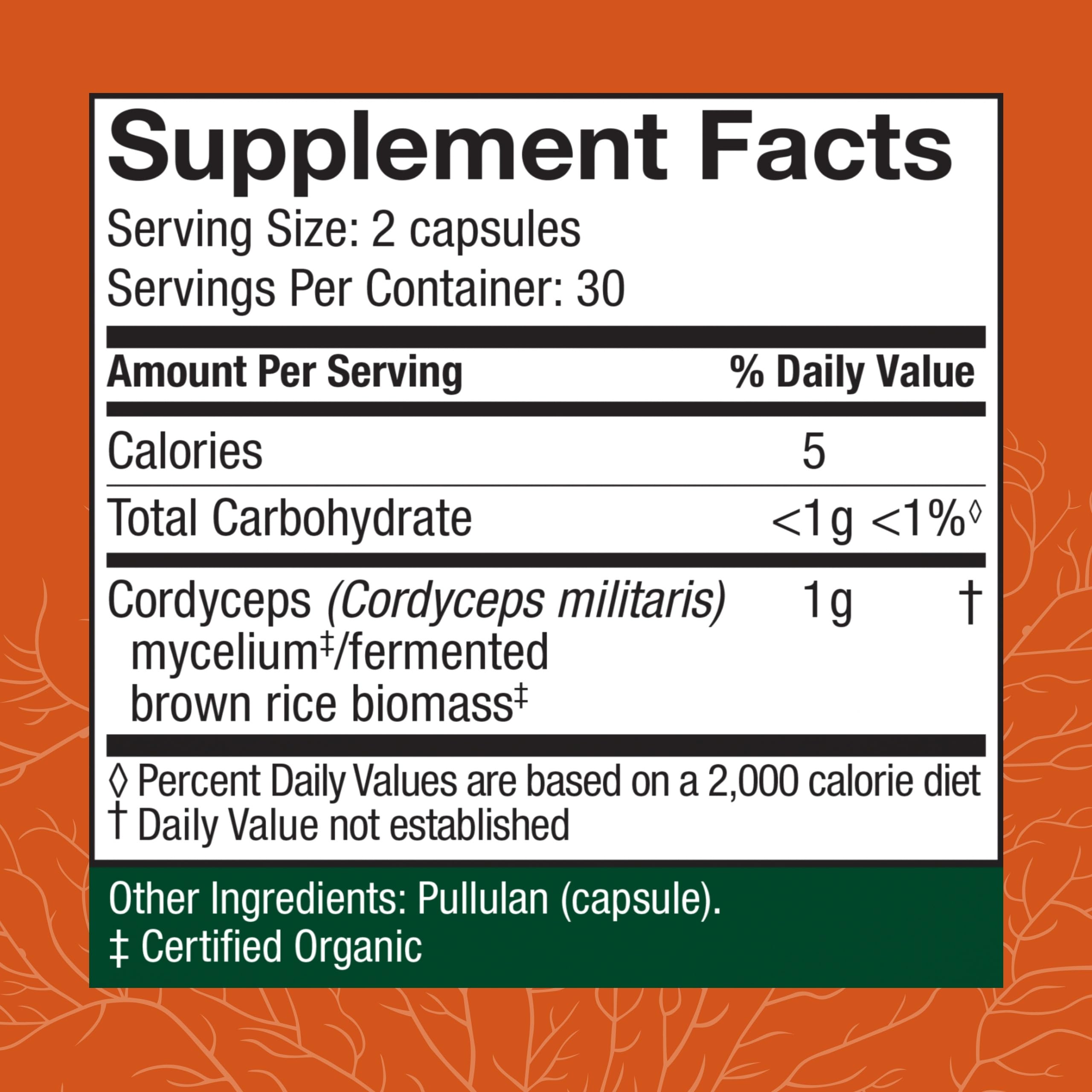 Host Defense Cordyceps capsules bottle back showing supplement facts and usage guidance