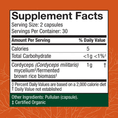 Host Defense Cordyceps capsules bottle back showing supplement facts and usage guidance