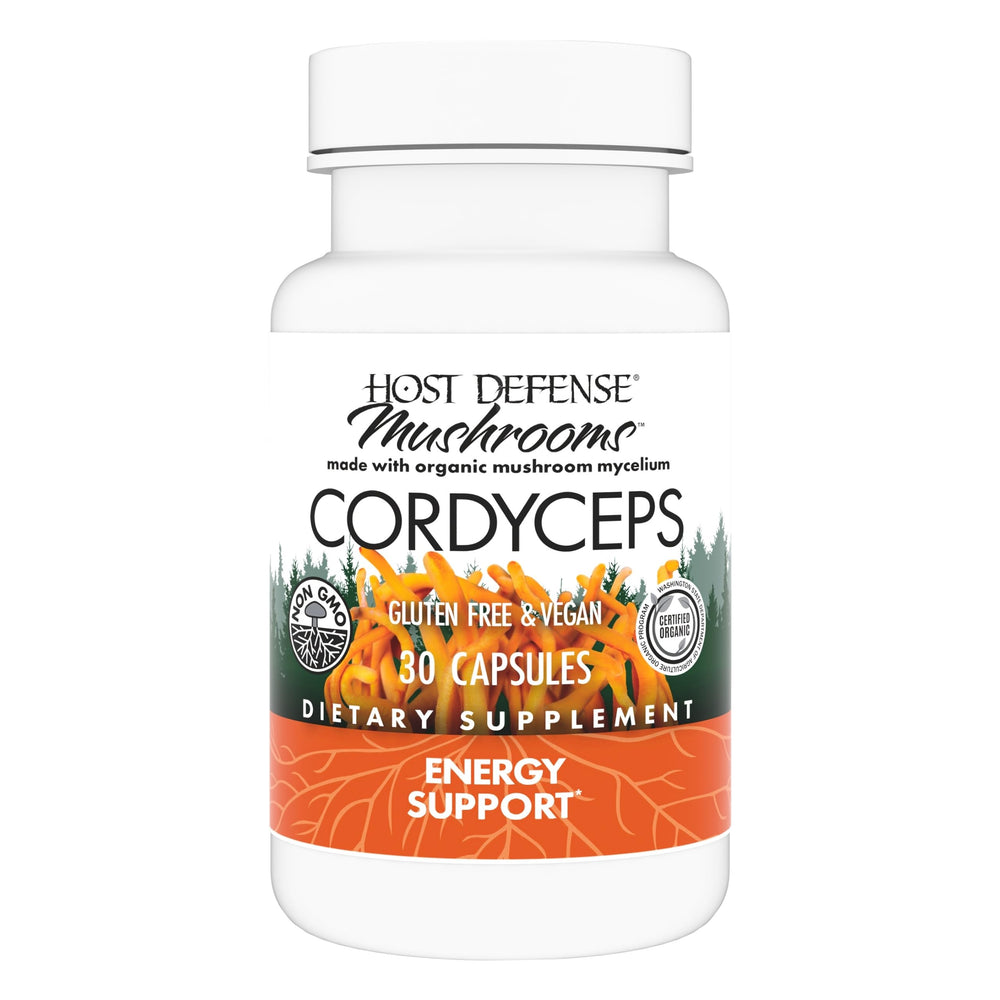 Host Defense Cordyceps capsules on bottle support immune function and energy.