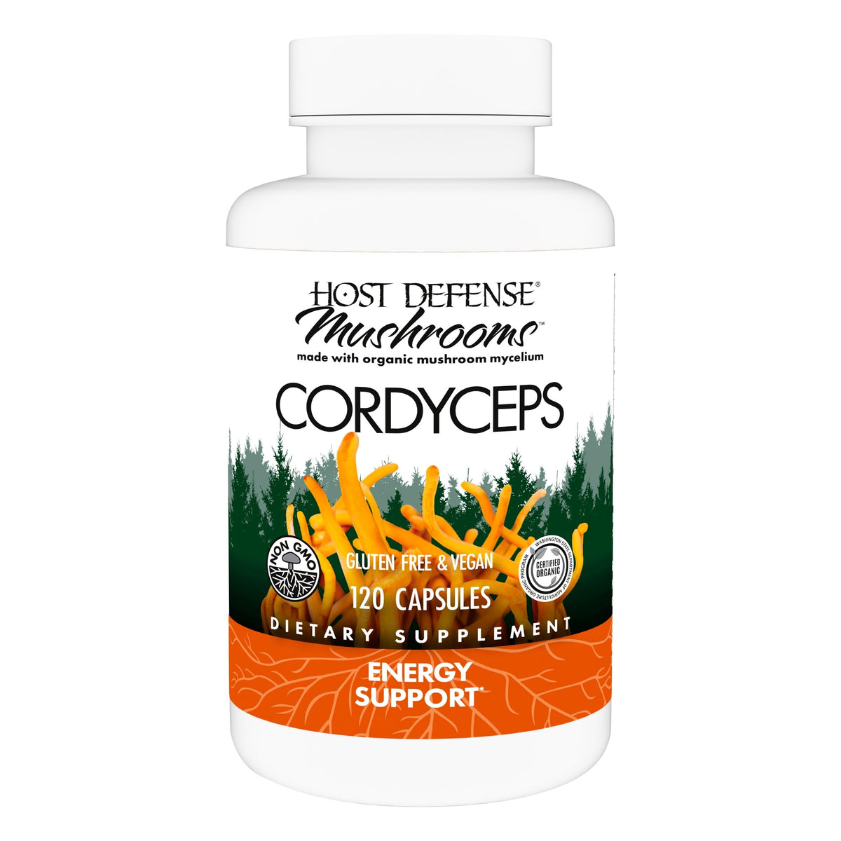 Host Defense Cordyceps capsules bottle on a neutral surface for daily wellness support.