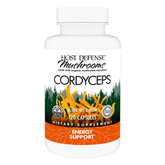 Host Defense Cordyceps capsules bottle on a neutral surface for daily wellness support.